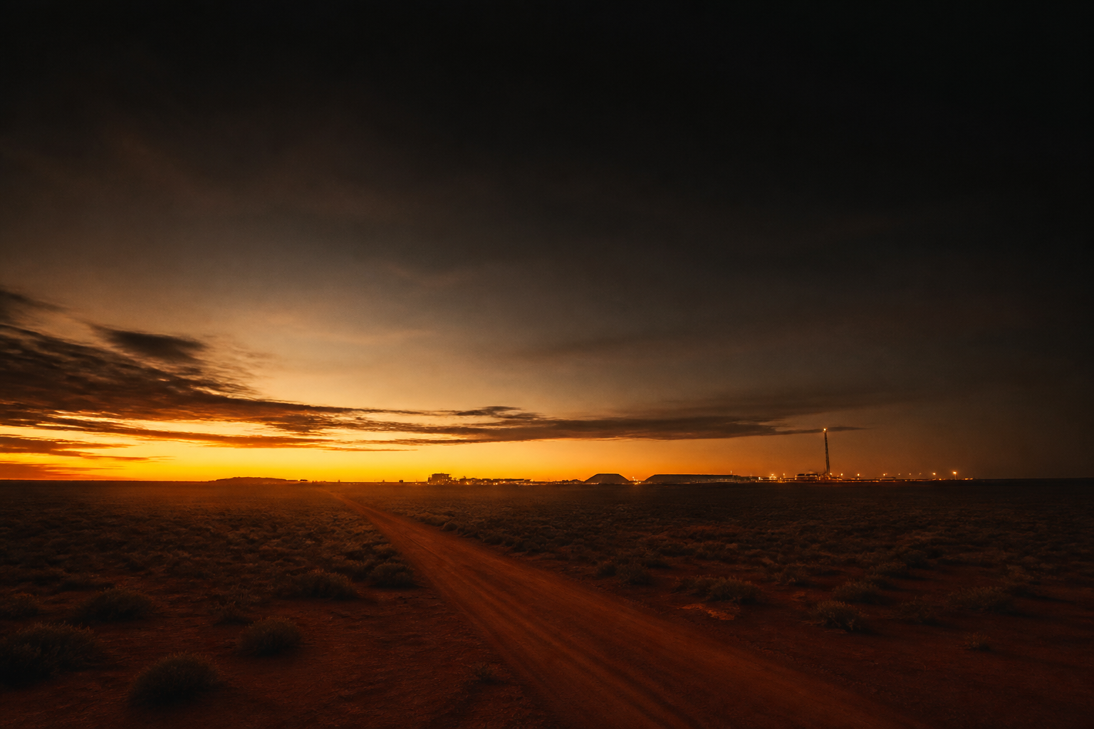 Minimal Western Australian outback industrial landscape at dawn