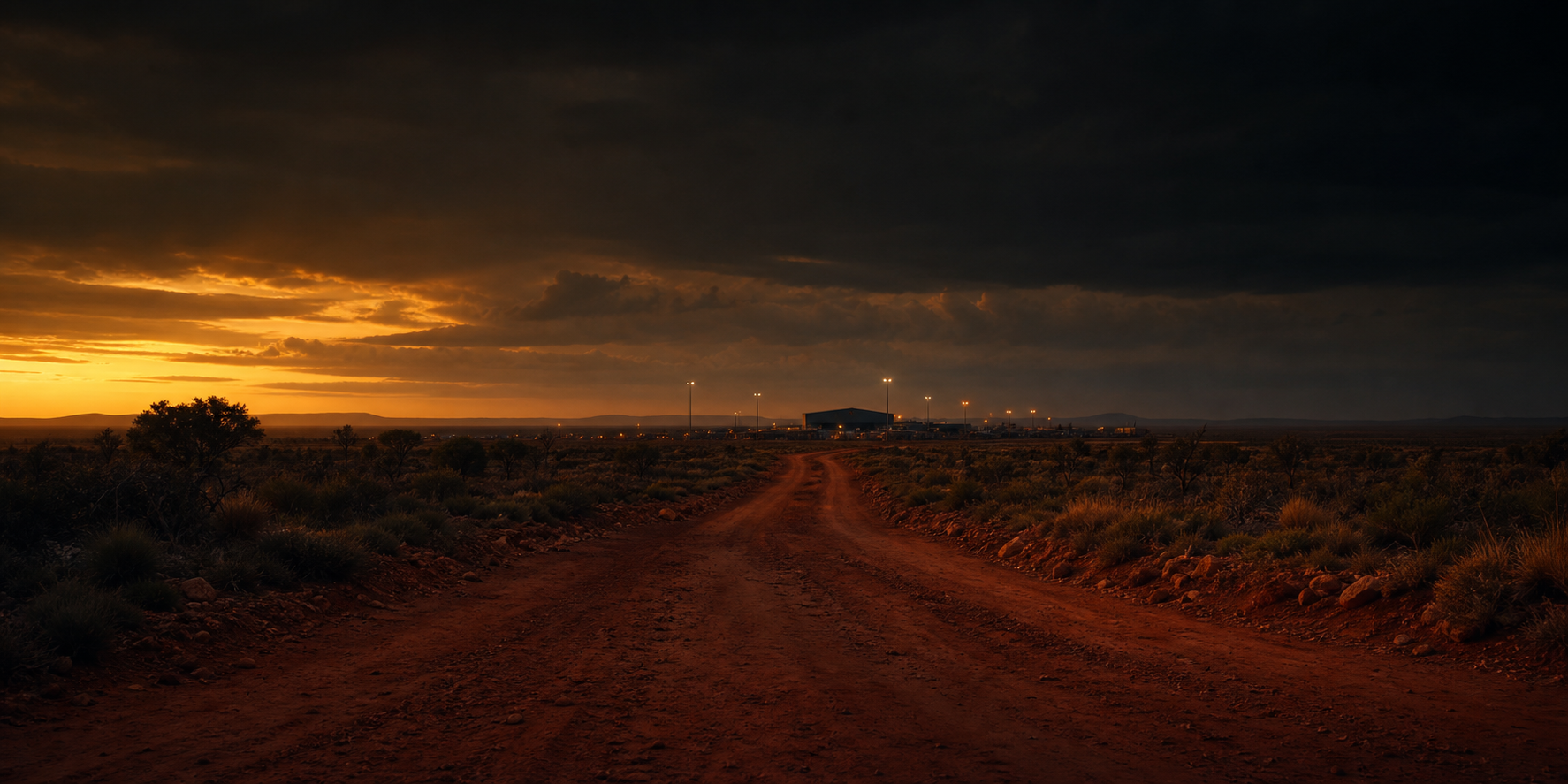 Remote red dirt access road leading to a distant industrial site